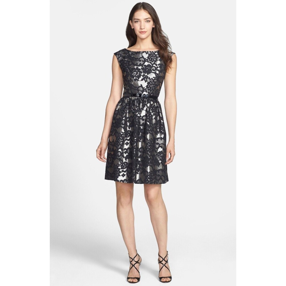 Eliza J Metallic Silver Black Lace Dress 6 Cocktail Fit Flare Pockets Whimsigoth